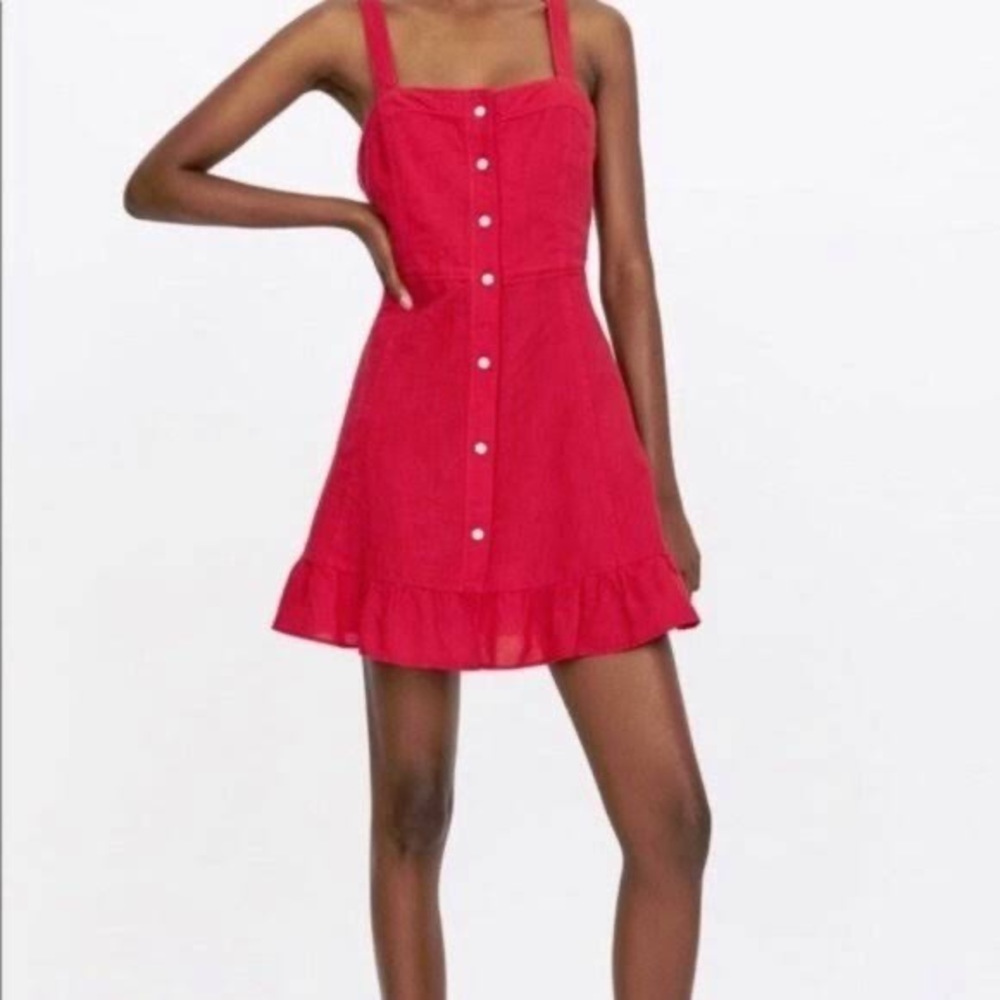 Zara Ruffle Hem Button Front Cotton & Linen Dress in Red - NEW - Medium